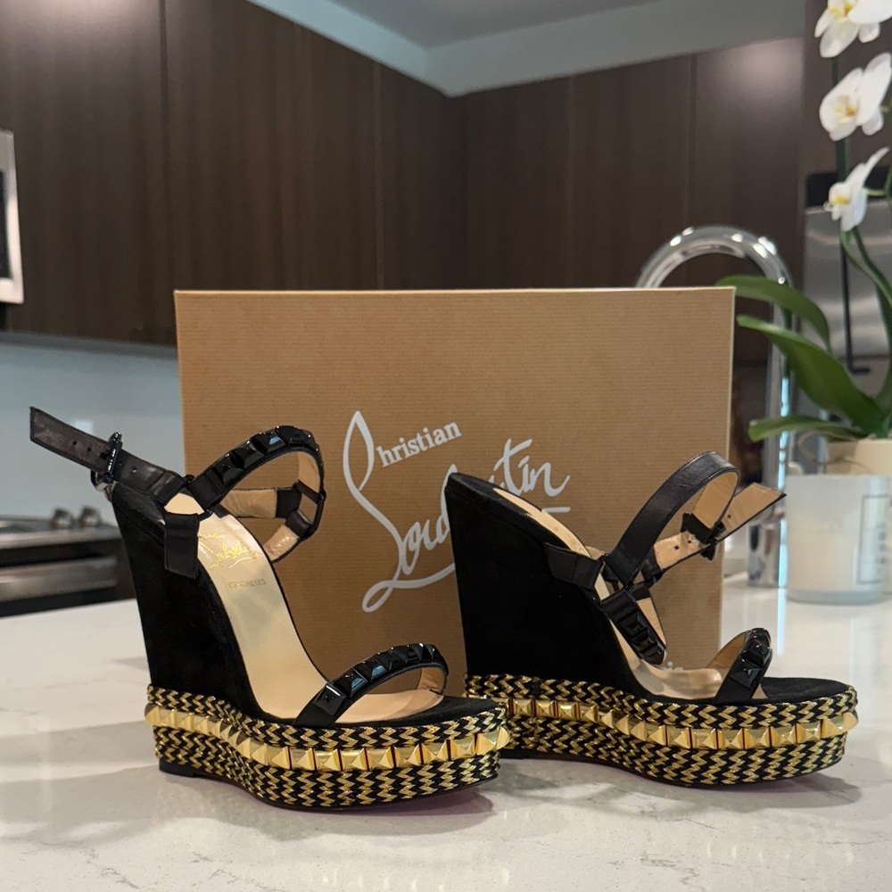 Christian Louboutin Black and Gold Wedge Heels